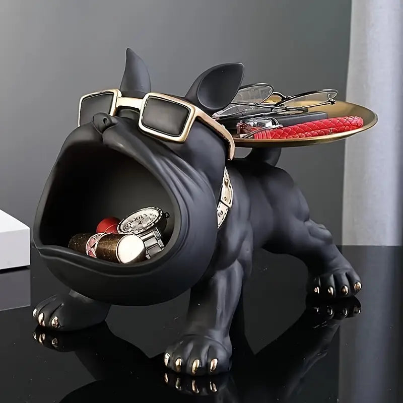 Bulldog Opbergbeeld Zwart Hars 30cm – Decoratieve Organizer Woonkamer Bureau Sculptuur Huisdier Cadeau | Sulvida