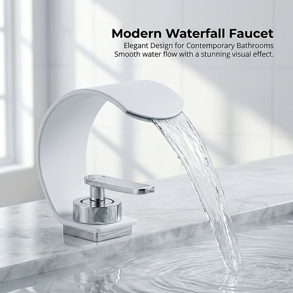 Mitigeur de lavabo à effet cascade, chromé, design moderne, kit de robinetterie, eau chaude et froide, valve en céramique, salle de bains | Sulvida