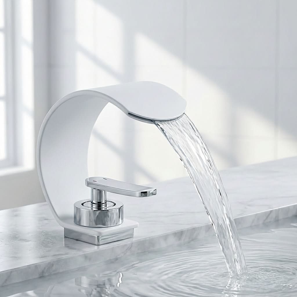 Mitigeur de lavabo à effet cascade, chromé, design moderne, kit de robinetterie, eau chaude et froide, valve en céramique, salle de bains | Sulvida