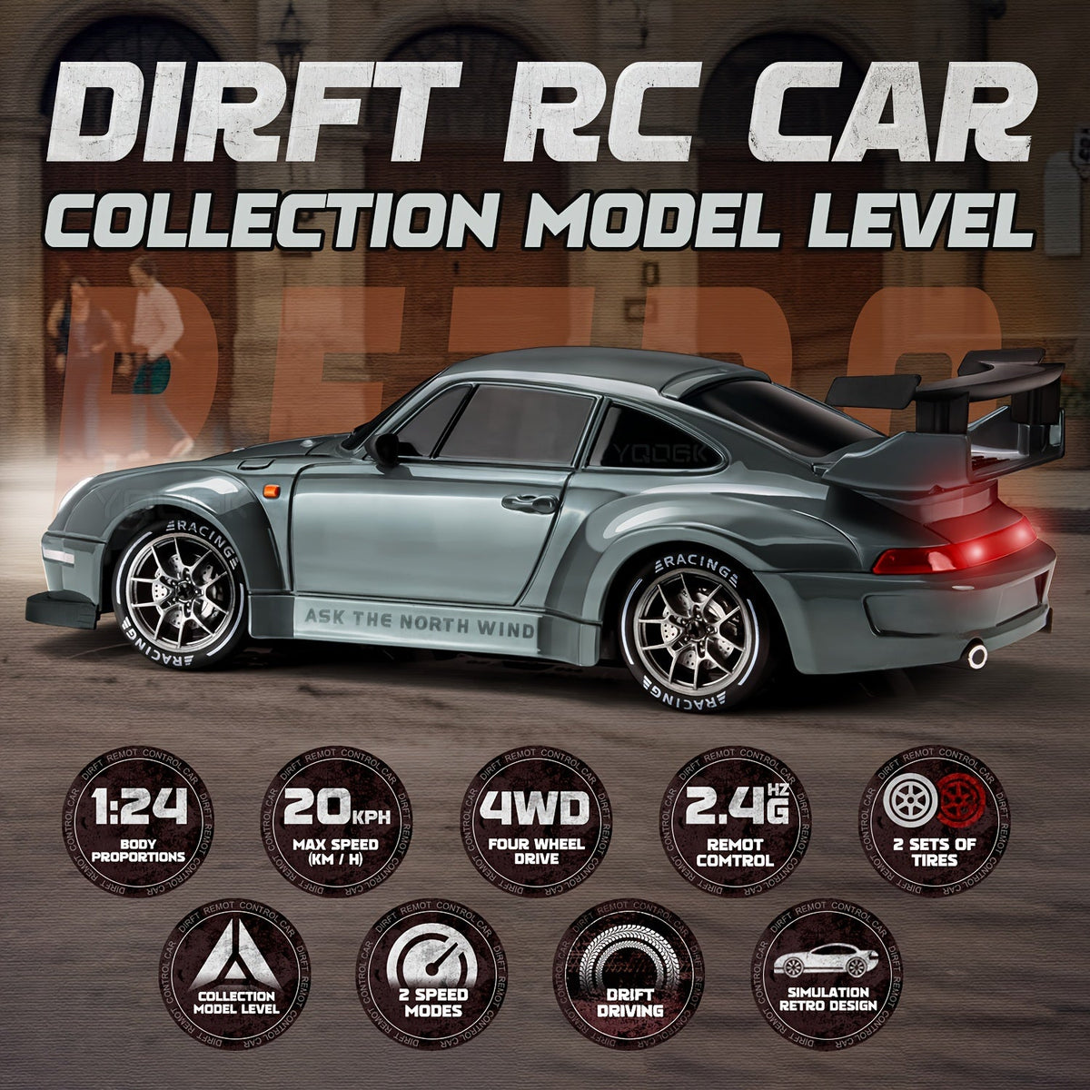 RC Driftauto 1:24 Schaal met Verlichte Wielen 4WD Aandrijving Radiografisch Bestuurd Race Speelgoed voor Kinderen | Sulvida