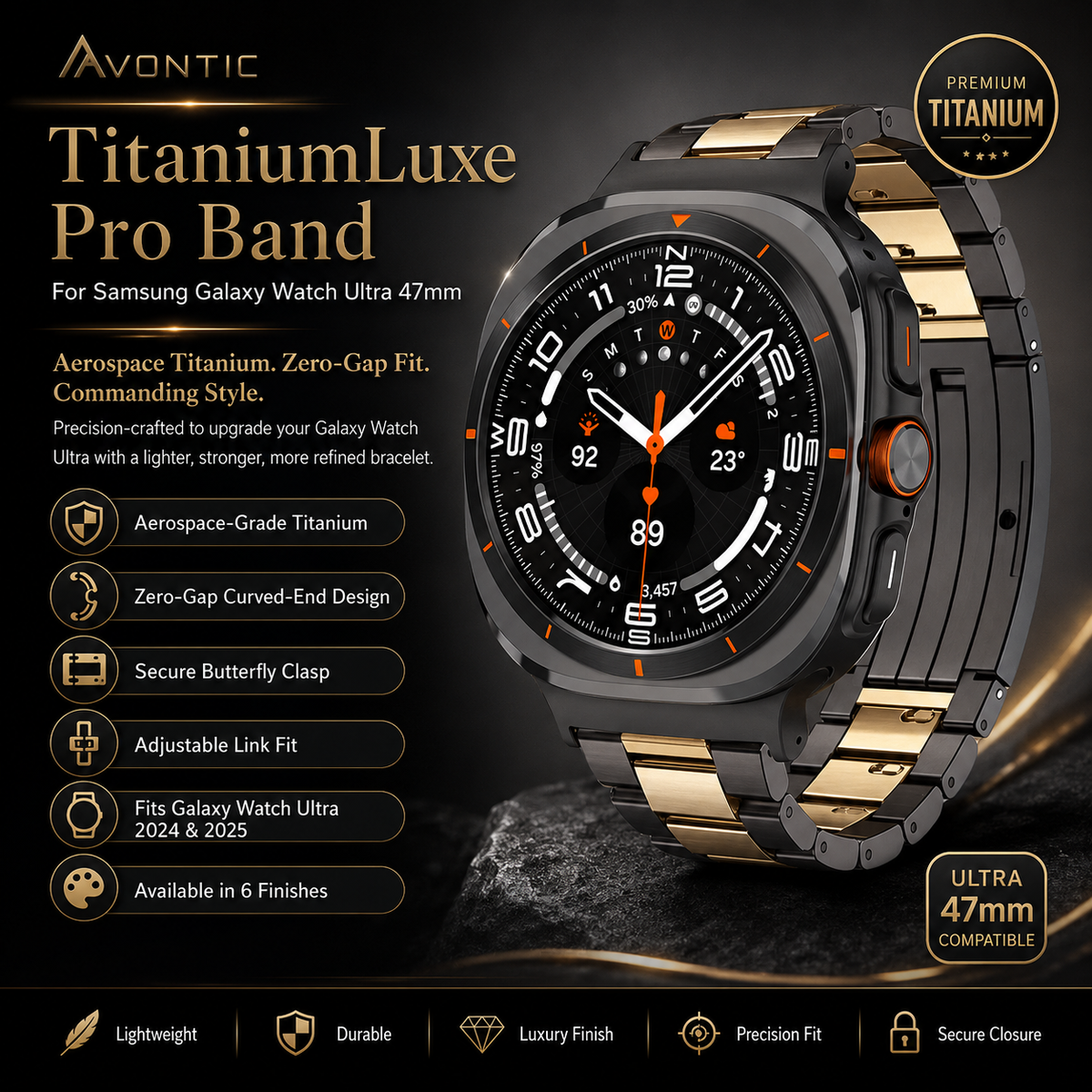 Bracelet de montre en titane pour Galaxy Watch Ultra 47mm acier titane réglable bracelet pour montre connectée noir or gris argent | Sulvida