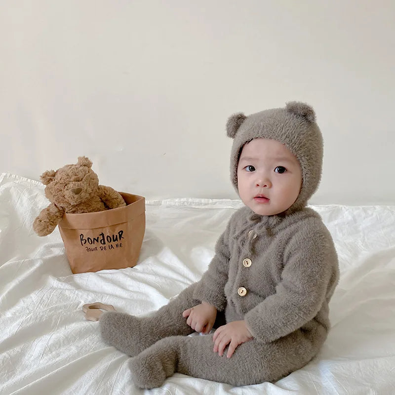 Pluche Baby Jumpsuit Beer met Capuchon Zachte Romper Winterkleding Baby's 0-24 Maanden Warm Onesie Babykleding | Sulvida
