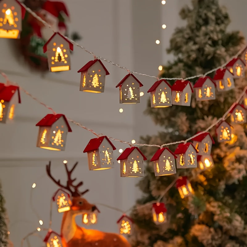 Houten Huisjes Lichtslinger Kerst met Warm LED Licht Sfeerverlichting Winterdecoratie Snoer 200 cm Kerstdecoratie | Sulvida