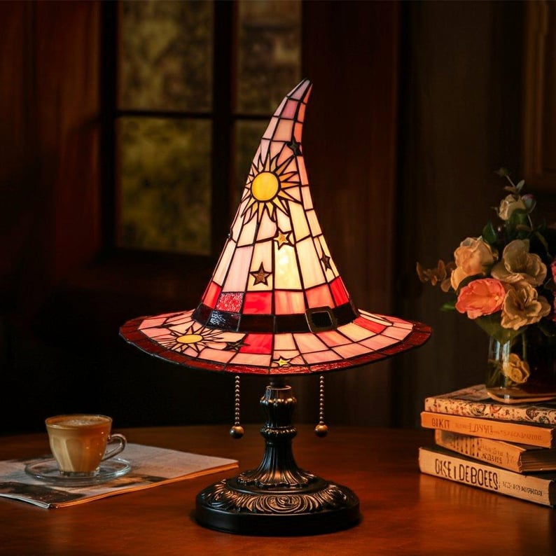 Heksenhoed Lamp met Warm LED-Licht Halloween Tafeldecoratie Sfeerlamp Gotisch Interieur Handgemaakt 35 cm | Sulvida