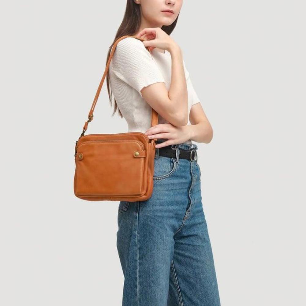 Schoudertas leer dames met portemonnee bruin klassiek groot formaat praktisch elegant luxe dagelijks gebruik | Sulvida