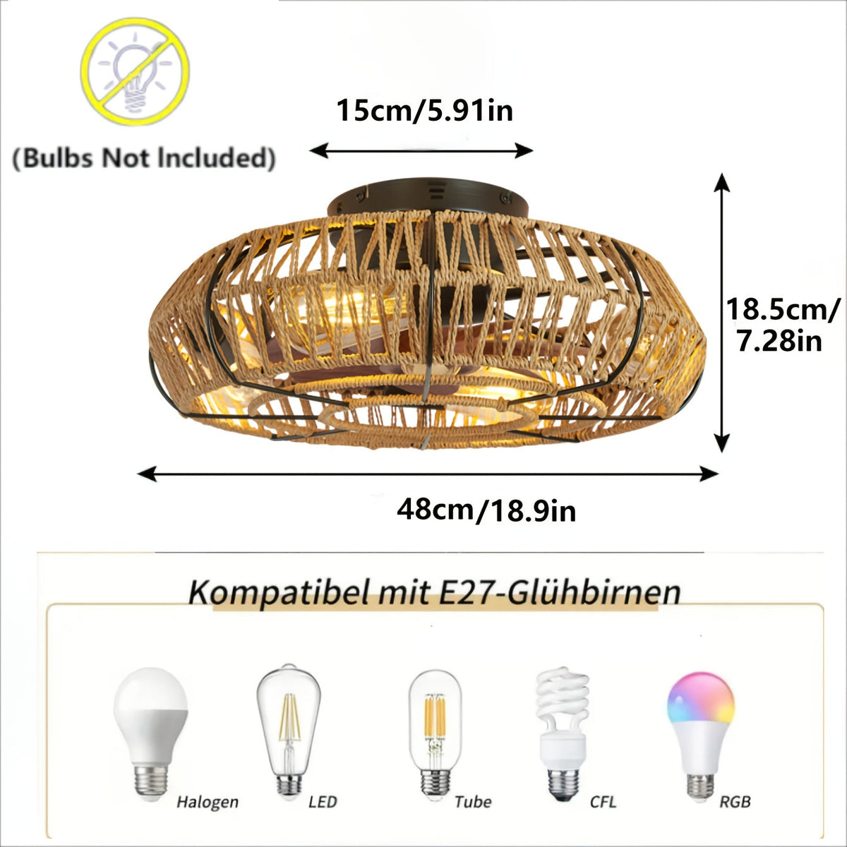 Natuurlijke Rotan Plafondventilator 48 cm Zen Stijl Sfeervolle Ventilator met LED Verlichting E27 Woonkamer | Sulvida