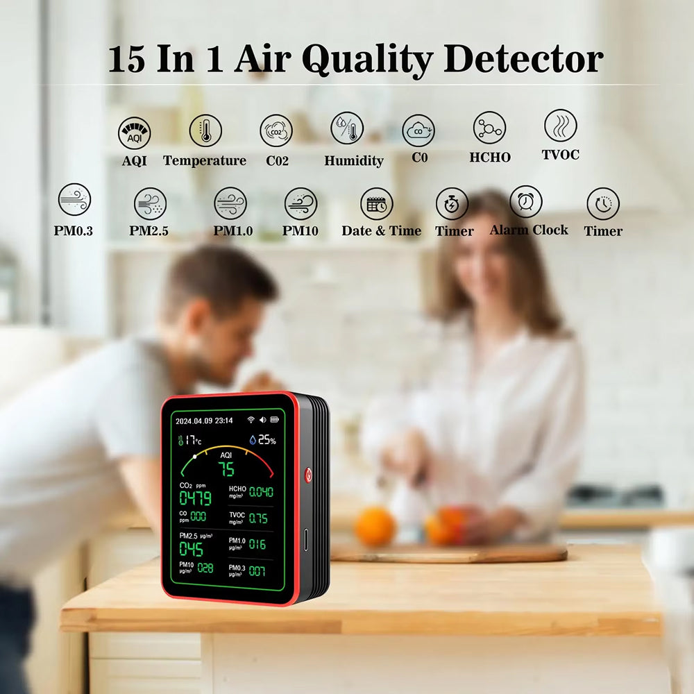 Détecteur de CO2 à 15 paramètres · moniteur de qualité de l’air · application wifi · écran tft · codes couleur · alarme · bureau à domicile | Sulvida