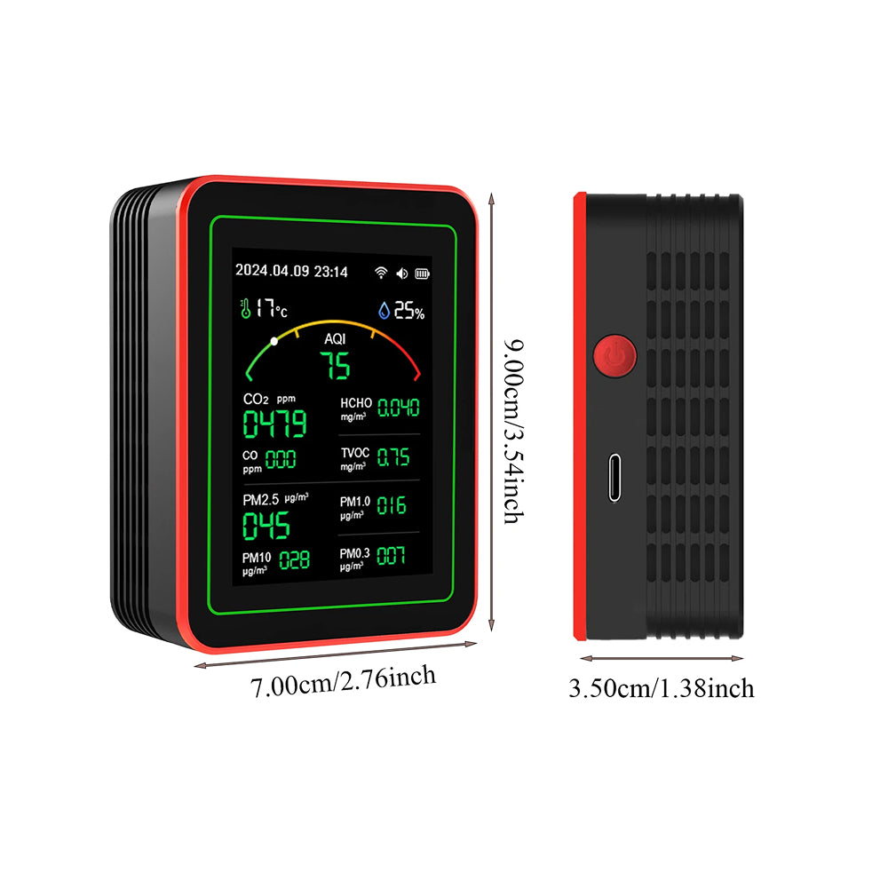 Détecteur de CO2 à 15 paramètres · moniteur de qualité de l’air · application wifi · écran tft · codes couleur · alarme · bureau à domicile | Sulvida