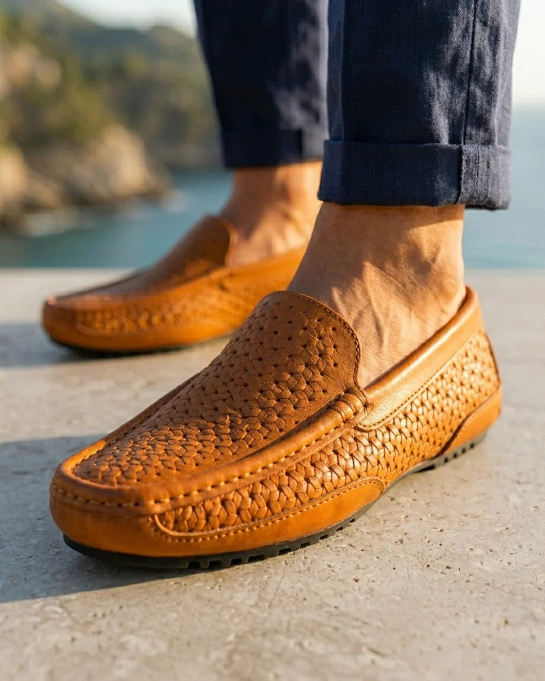 Gevlochten Leren Loafer Heren Handgemaakt Instappers Cognac Navy Zwart Flexibele Zool Casual Zomerschoenen | Sulvida