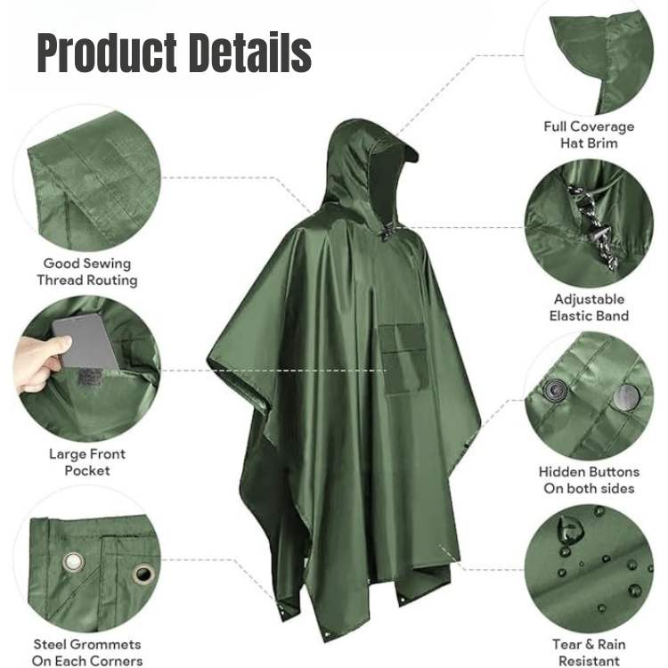Waterafstotende Poncho Zwart Oranje Legergroen Unisex Compact Opvouwbaar Outdoor Wandelponcho Regenbescherming | Sulvida