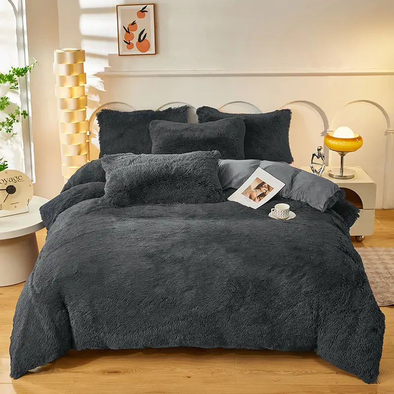Plüsch-Fleece-Bettwäsche-Set, winterwarm, Teddy, 3-4-teilig, mit Bezug, Laken und Kissenbezügen | Sulvida