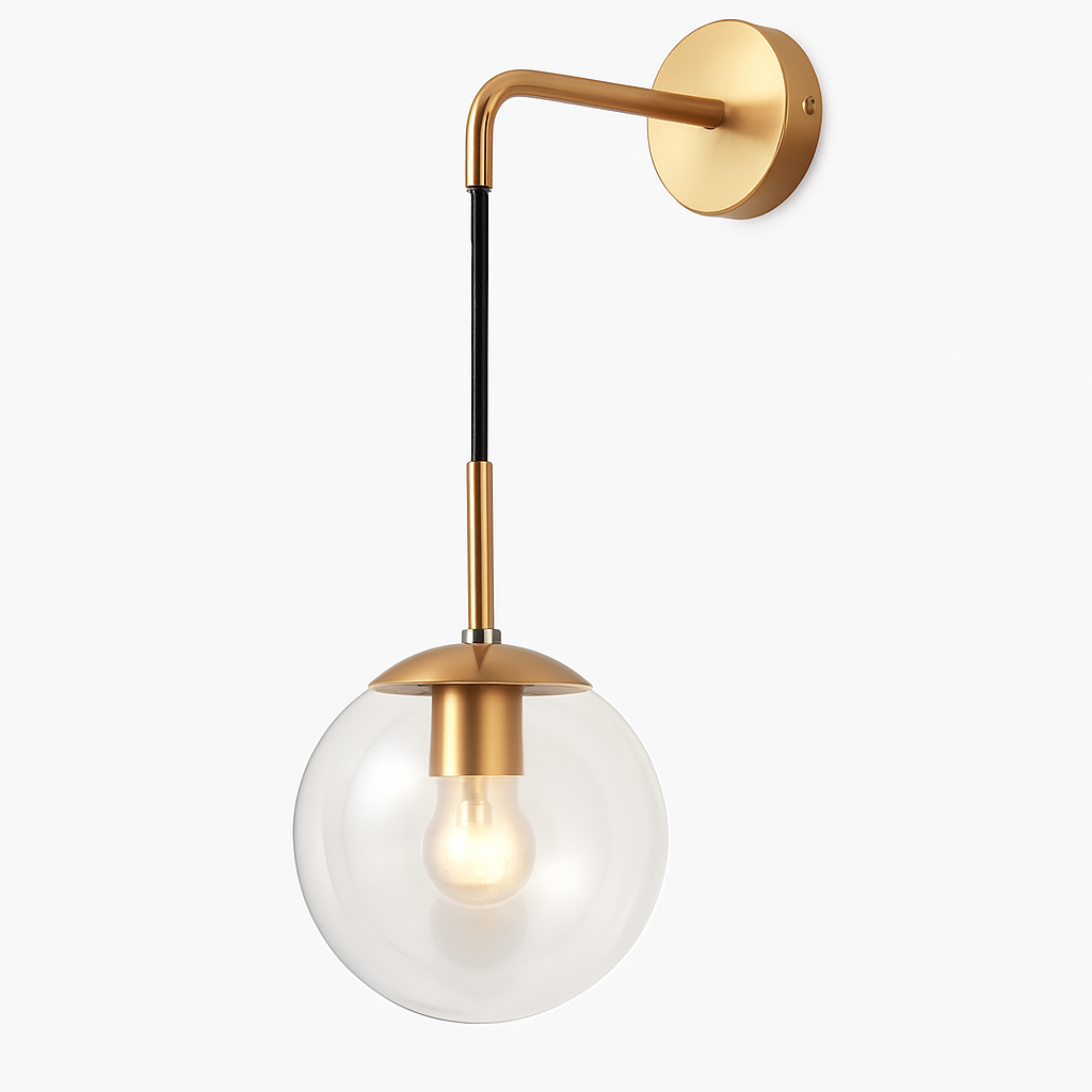 Wandlamp met Glazen Bol 15×50 cm Goud Cognac Transparant Industrieel Design Metaal Wandverlichting Sfeerlamp | Sulvida