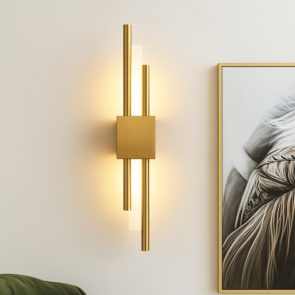Design wandlamp met verticale metalen balk en acryl diffuser voor modern interieur sfeerverlichting woonkamer | Sulvida