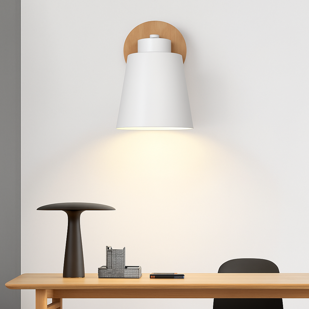 LED Wandlamp Verstelbaar met Houten Voet & Metalen Kap – Modern Stijlvol Sfeerlicht voor Iedere Kamer | Sulvida