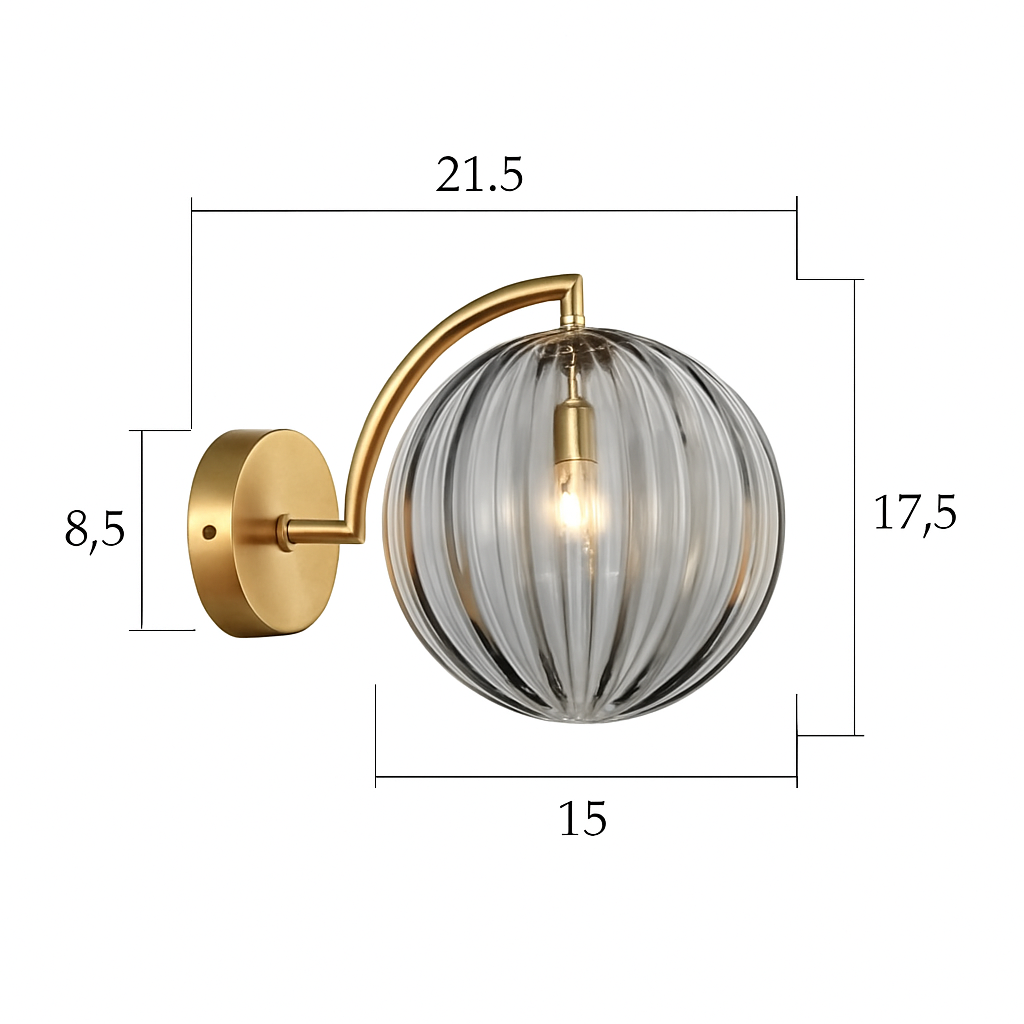 Wandlamp goudkleurig met glazen bol rookglas Ø17,5cm industrieel modern stijlvolle sfeerverlichting woonkamer gang | Sulvida