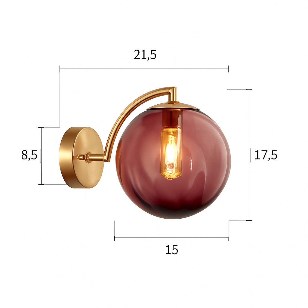 Wandlamp goudkleurig met glazen bol rookglas Ø17,5cm industrieel modern stijlvolle sfeerverlichting woonkamer gang | Sulvida