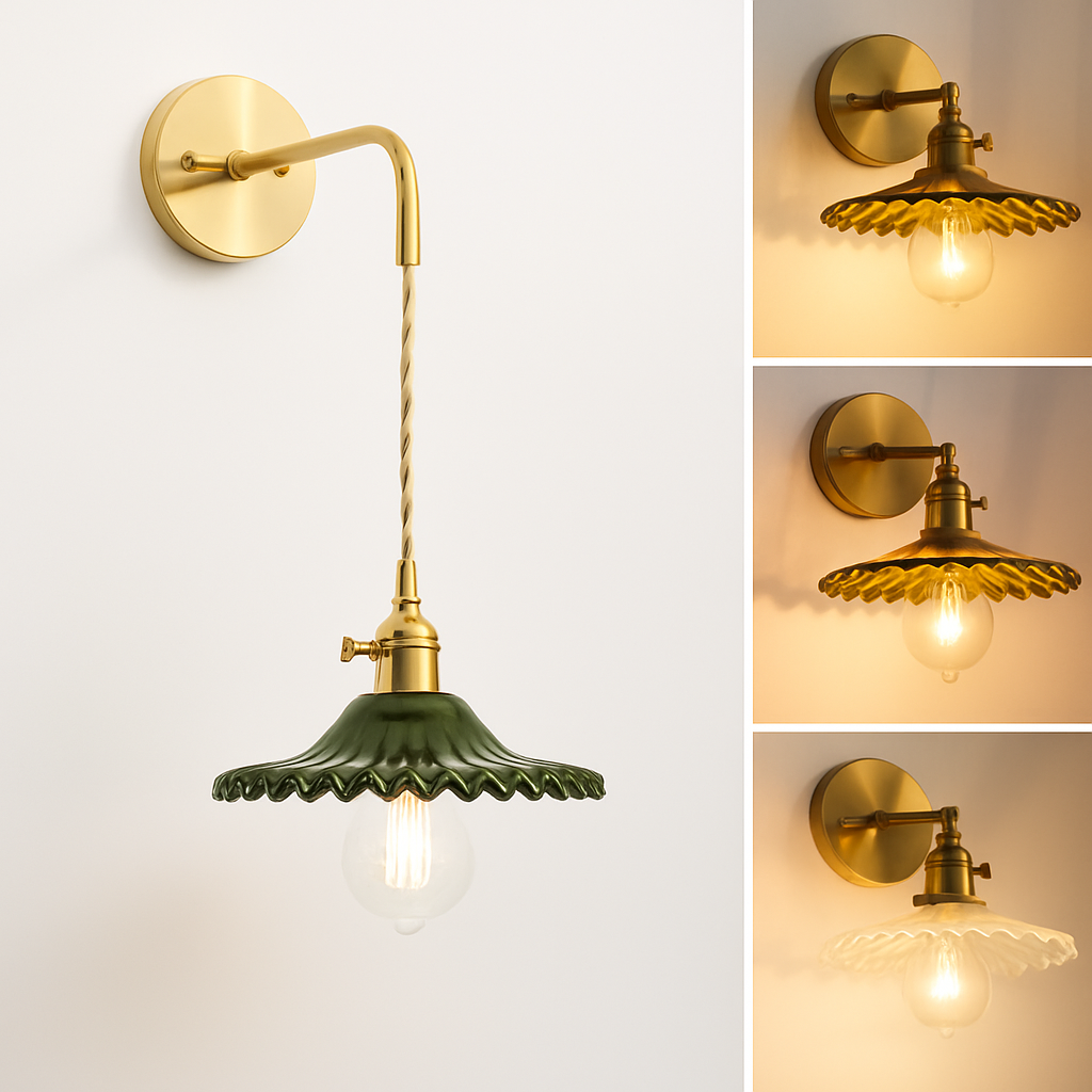 Vintage Wandlamp Messing met Glas Koelwit Warmwit Rookgrijs Amber Groen Transparant Modern Art Deco Stijl | Sulvida