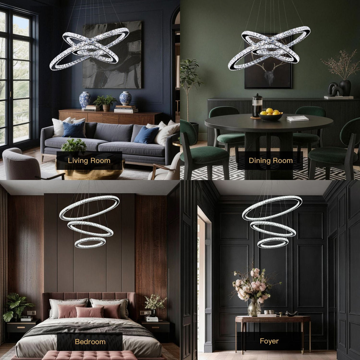 LED Kristallen Kroonluchter met Verstelbare Ringen Chroom Hanglamp Eetkamer en Woonkamer Verlichting | Sulvida