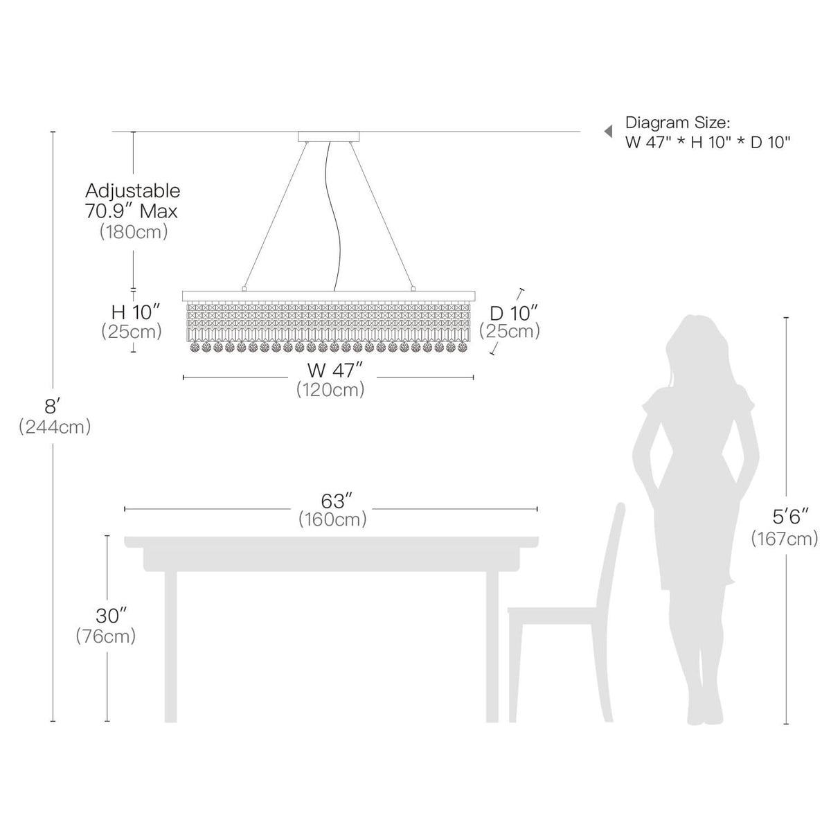 Rechthoekige kristallen hanglamp met regendruppeleffect chroom E12 fitting voor eetkamer keuken woonkamer | Sulvida
