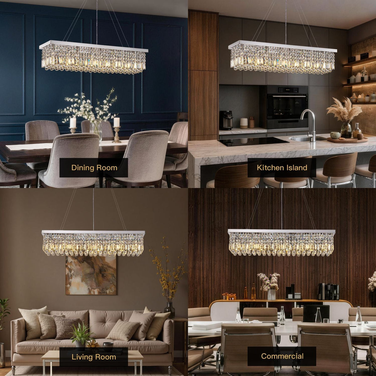 Rechthoekige kristallen hanglamp met regendruppeleffect chroom E12 fitting voor eetkamer keuken woonkamer | Sulvida