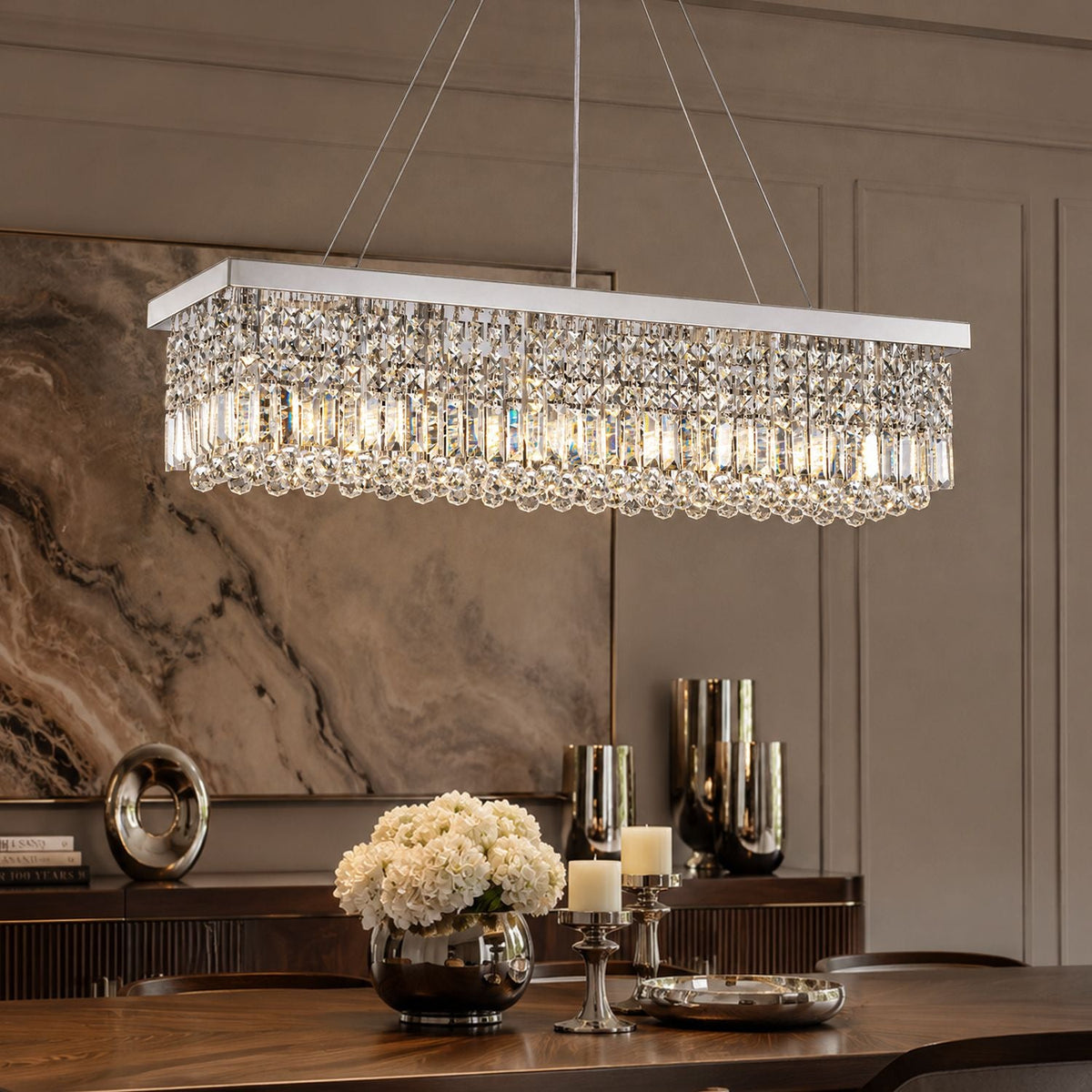 Rechthoekige kristallen hanglamp met regendruppeleffect chroom E12 fitting voor eetkamer keuken woonkamer | Sulvida