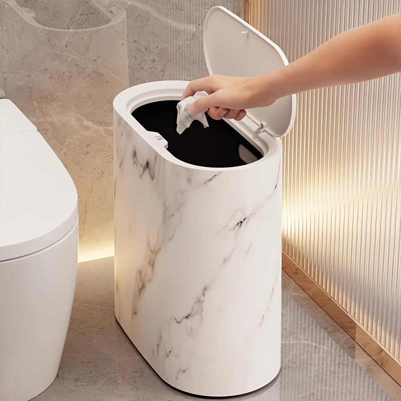 Ovale Prullenbak met Deksel Marmerpatroon Badkamer Keuken Kantoor Compact Afvalemmertje Stijlvol Design | Sulvida