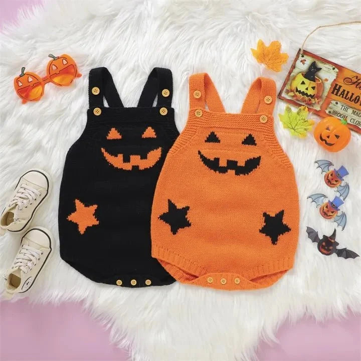 Gebreide Baby Romper met Pompoenmotief Mouwloos Kinderkleding Halloween Feestoutfit Zachte Jumpsuit Peuter | Sulvida
