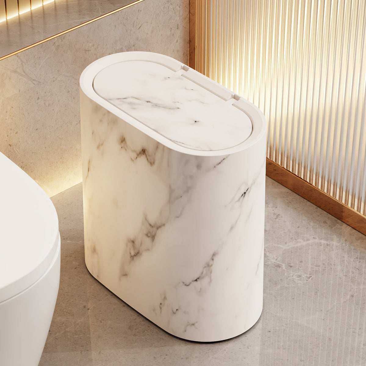 Ovale Prullenbak met Deksel Marmerpatroon Badkamer Keuken Kantoor Compact Afvalemmertje Stijlvol Design | Sulvida