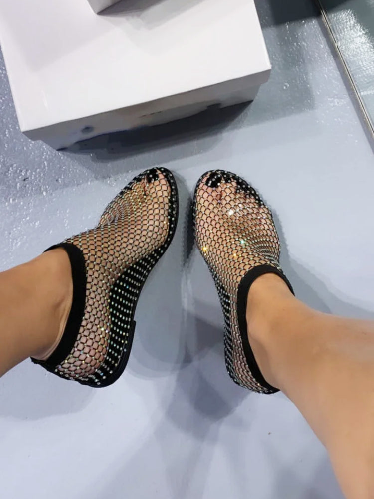 Damesballerina's met Mesh en Strass Decoratie Zwart Beige Elegant Comfortabel Stijlvol Damesschoeisel | Sulvida