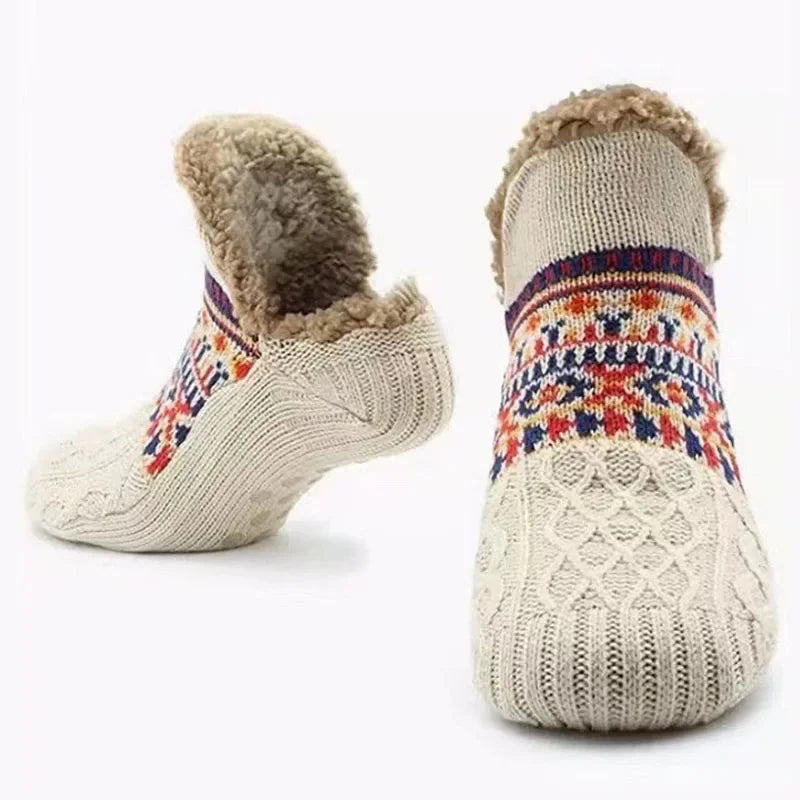 Warme Wintersokken met Sneeuwpatroon – Pluche Voering Antislip – Unisex Huissokken Dik Gevoerd Behaaglijk | Sulvida