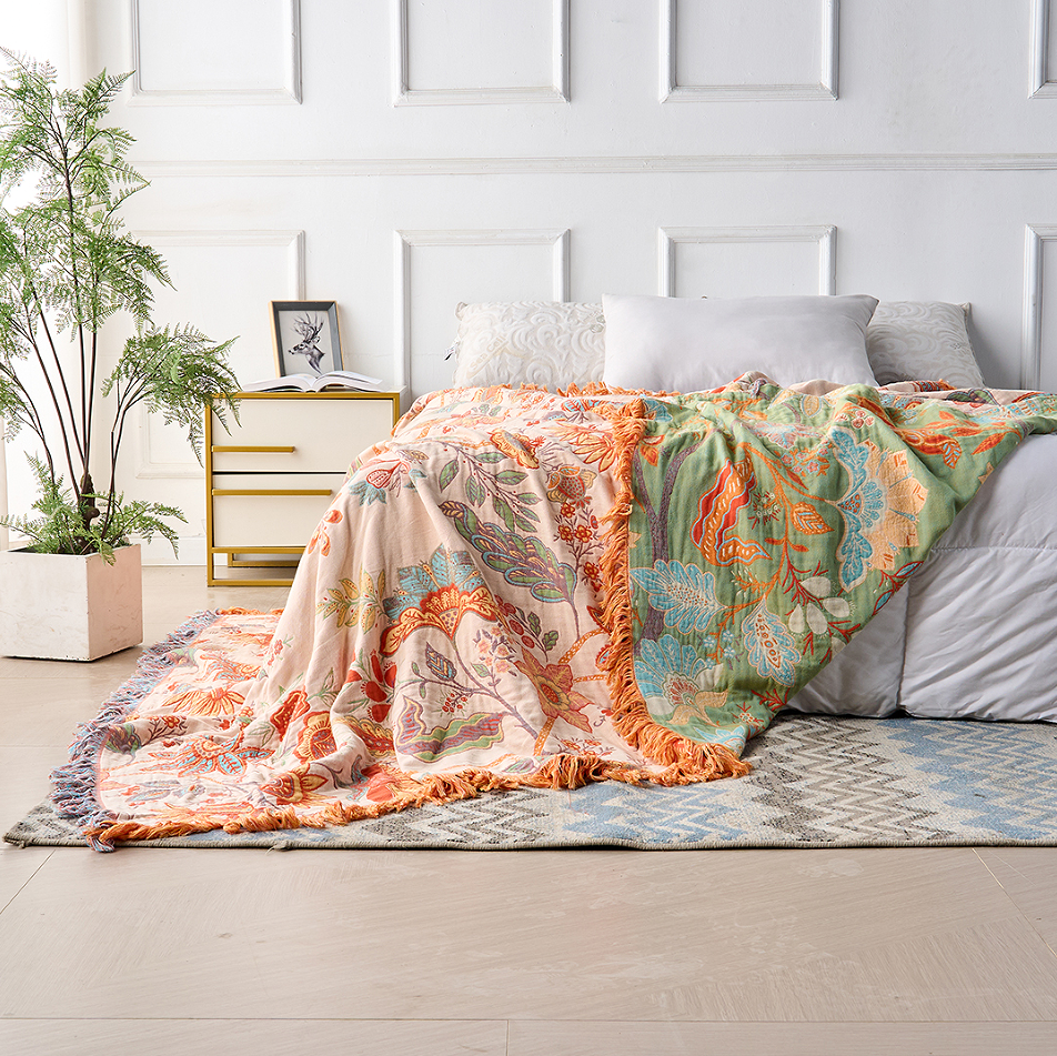 Boheemse Katoenen Plaid met Bloemenmotief – Oranje en Blauw op Crème Achtergrond voor Bank Bed Interieur | Sulvida