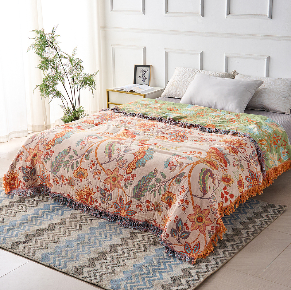 Boheemse Katoenen Plaid met Bloemenmotief – Oranje en Blauw op Crème Achtergrond voor Bank Bed Interieur | Sulvida