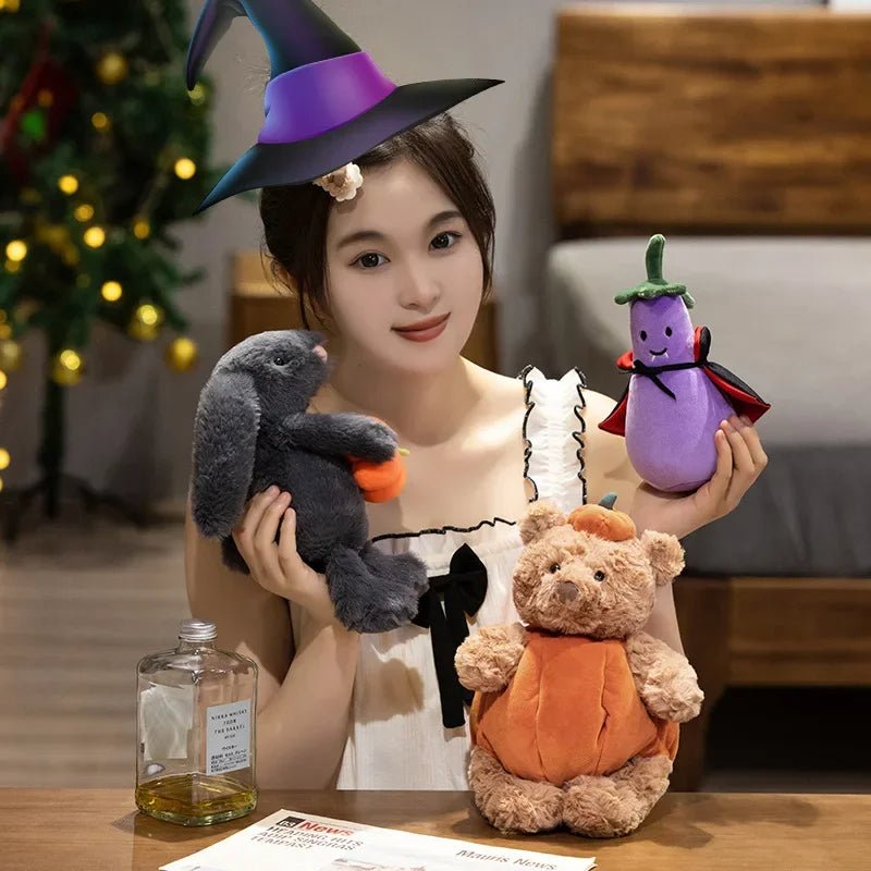 Pluche Halloween Knuffel met Pompoenmotief – Zachte Pluche Pop met Dierenoortjes voor Feestdecoratie | Sulvida