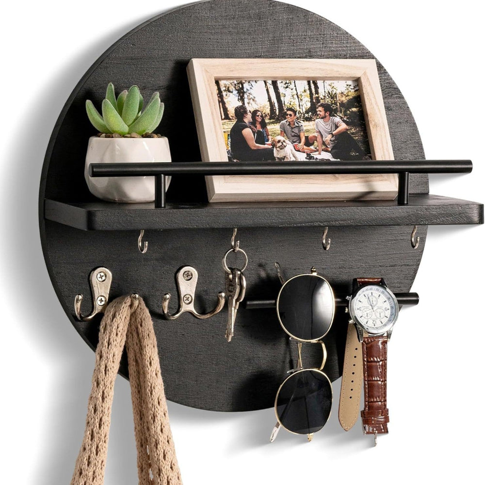 Wandhaak Hout Rond Ø30cm Metalen Haken Hal Entree Sleutelhouder Organiser Modern Minimalistisch Design | Sulvida