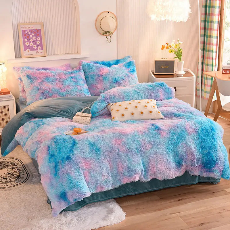 Plüsch-Fleece-Bettwäsche-Set, winterwarm, Teddy, 3-4-teilig, mit Bezug, Laken und Kissenbezügen | Sulvida