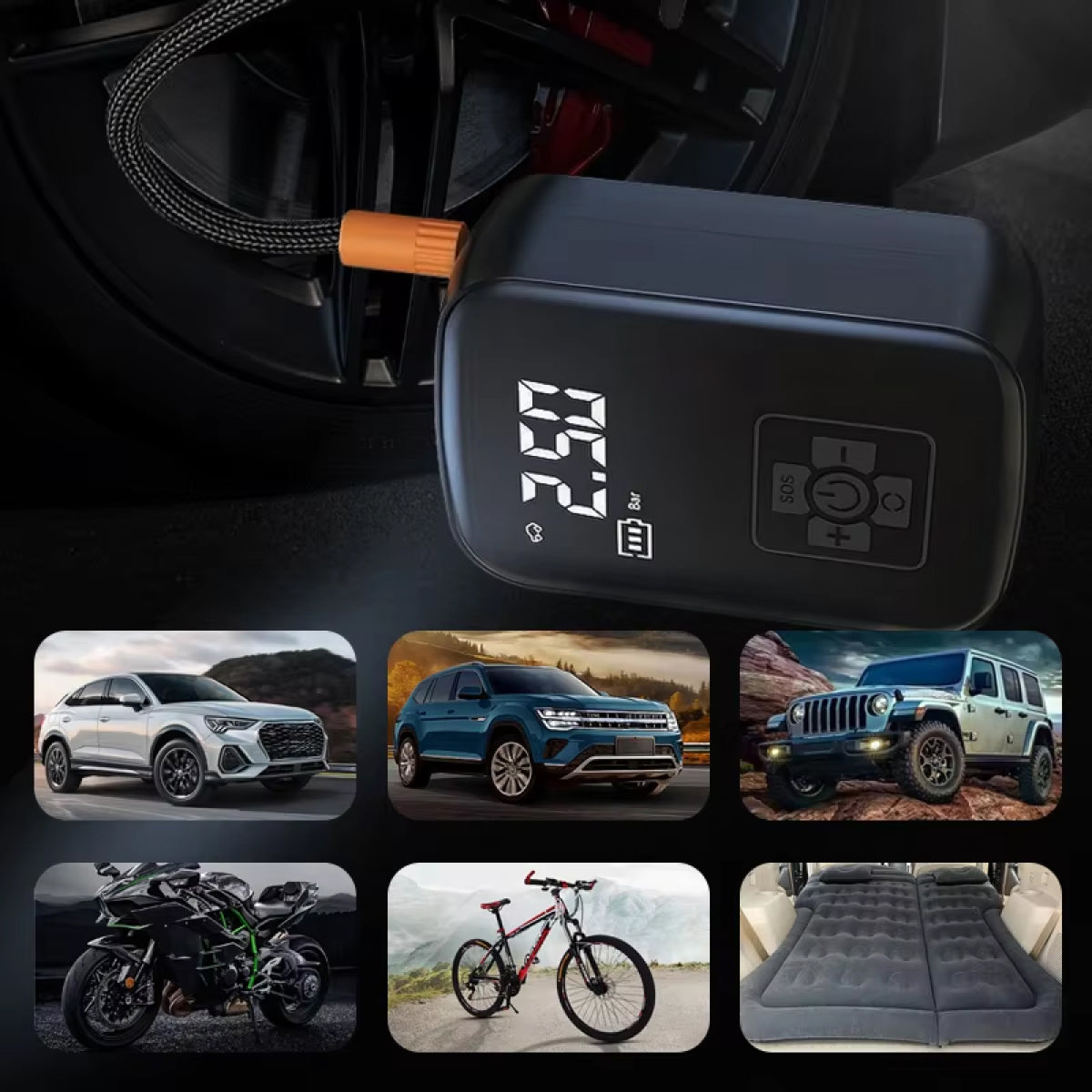 Compresseur de pneus portable 70L/min avec contrôle intelligent de la pression par IA, éclairage LED et mode d’urgence, pour voiture, vélo, moto et camping | Sulvida