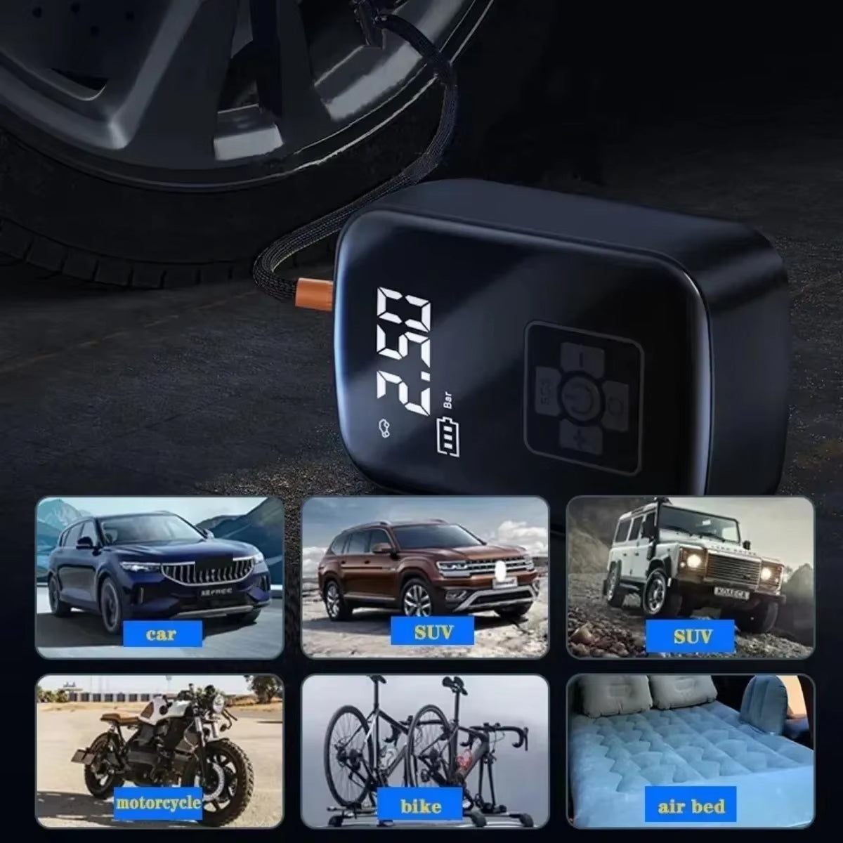 Gonfleur de pneus sans fil avec double compresseur 70L/min, contrôle automatique de la pression par IA, écran numérique, voiture et vélo | Sulvida