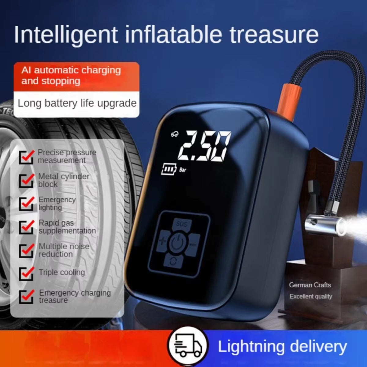 Gonfleur de pneus portable 70 L/min avec régulation de pression par IA, éclairage LED et écran numérique, pour voiture, moto et vélo | Sulvida