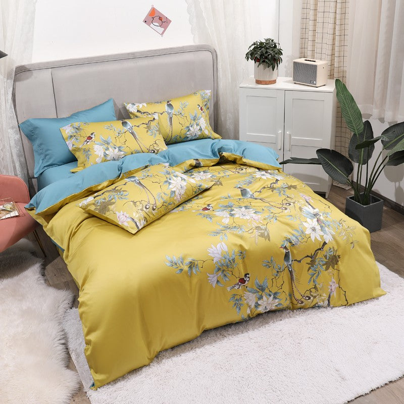 Dekbedovertrek Set Katoensatijn Tropische Print Vogels & Bladeren 500-Draads Premium Luxe Beddengoed | Sulvida