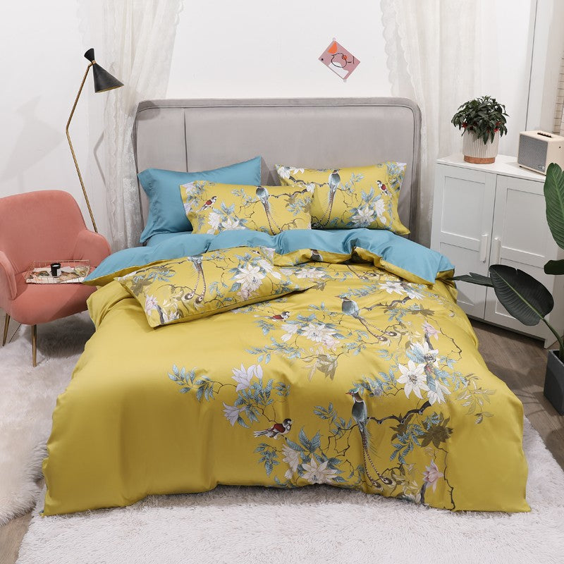 Dekbedovertrek Set Katoensatijn Tropische Print Vogels & Bladeren 500-Draads Premium Luxe Beddengoed | Sulvida