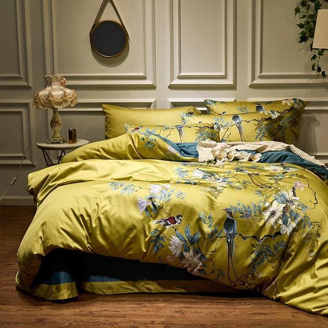 Dekbedovertrek Set Katoensatijn Tropische Print Vogels & Bladeren 500-Draads Premium Luxe Beddengoed | Sulvida