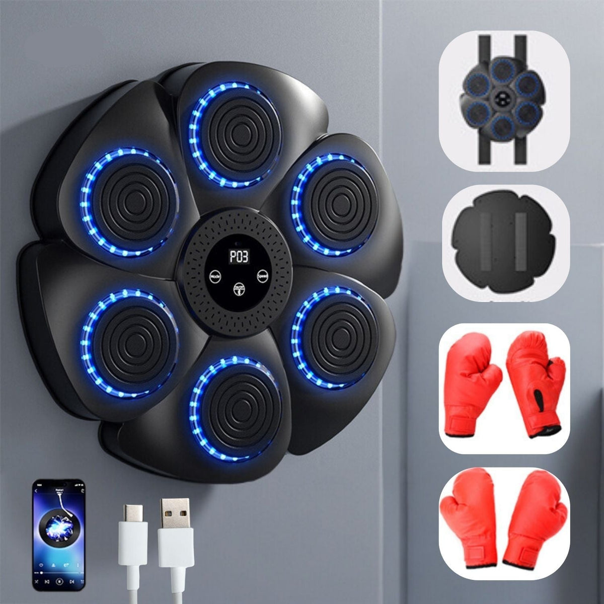 Interactieve Boksreflextrainer 40×40 cm met RGB-verlichting Bluetooth Muziek voor Thuis Gym Fitnesstraining | Sulvida