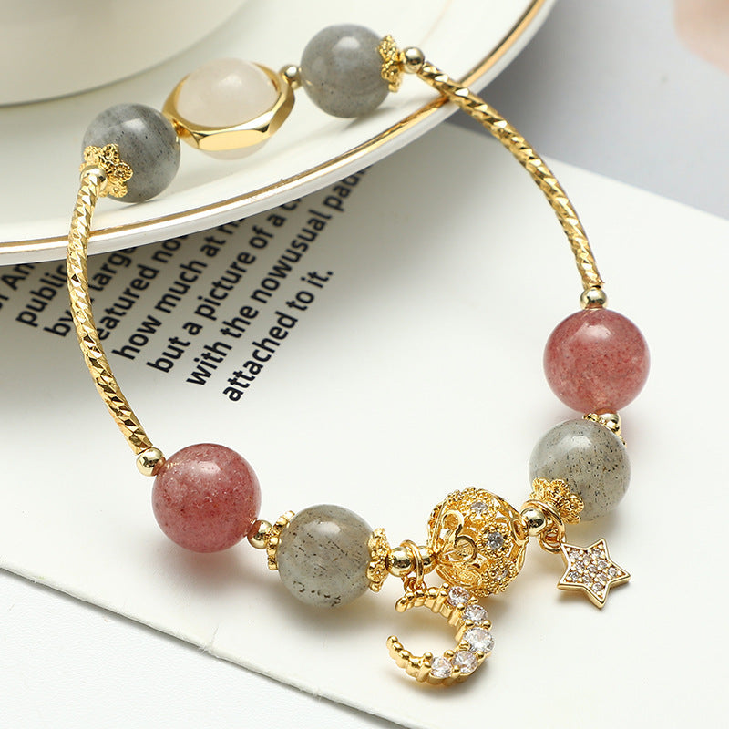 Labradoriet Aardbeienkwarts Armband met Maan Ster Hanger Natuursteen Kristal Sieraden voor Rust en Kalmte | Sulvida