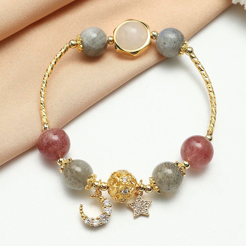Labradoriet Aardbeienkwarts Armband met Maan Ster Hanger Natuursteen Kristal Sieraden voor Rust en Kalmte | Sulvida