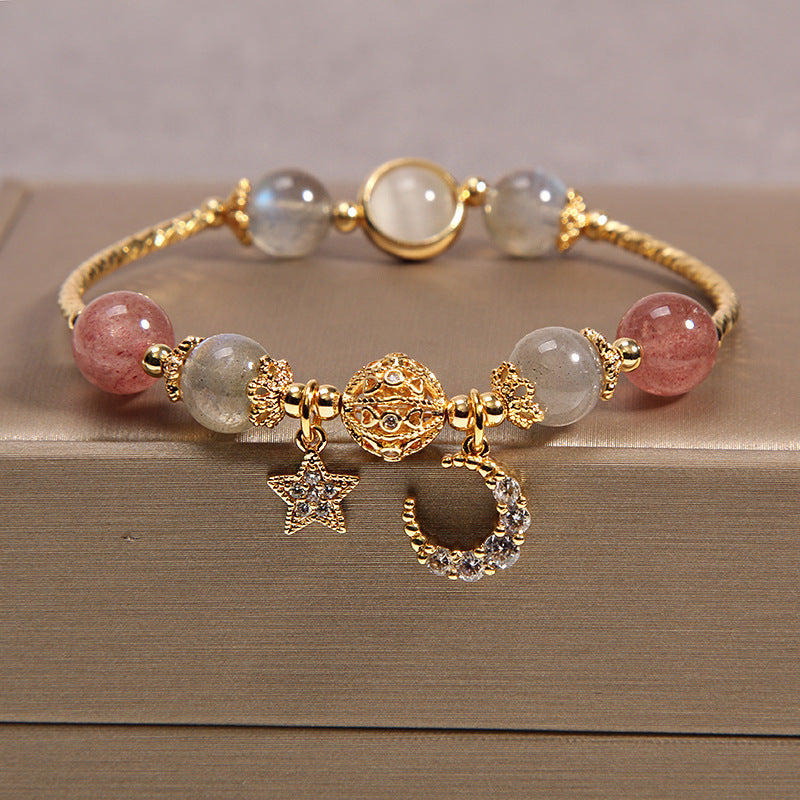 Labradoriet Aardbeienkwarts Armband met Maan Ster Hanger Natuursteen Kristal Sieraden voor Rust en Kalmte | Sulvida