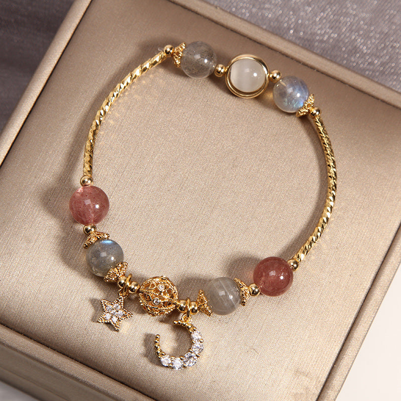 Labradoriet Aardbeienkwarts Armband met Maan Ster Hanger Natuursteen Kristal Sieraden voor Rust en Kalmte | Sulvida