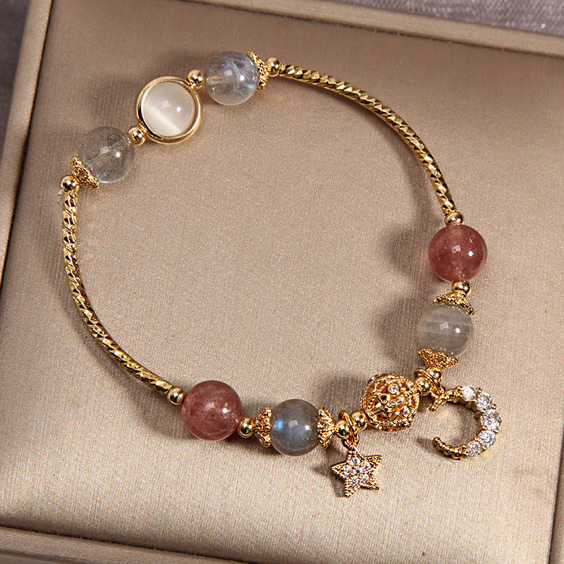 Labradoriet Aardbeienkwarts Armband met Maan Ster Hanger Natuursteen Kristal Sieraden voor Rust en Kalmte | Sulvida