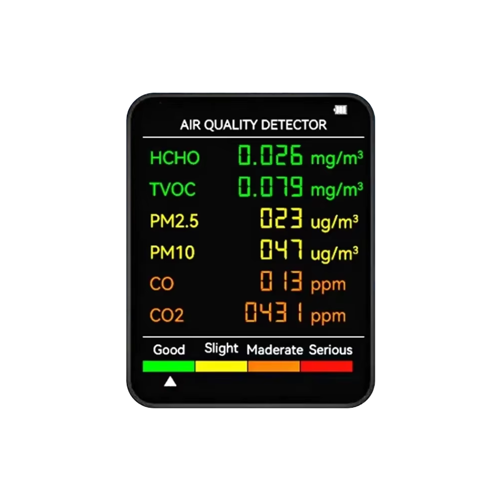 Moniteur de qualité de l’air 6-en-1, détecteur de CO2, humidité, température, PM2.5, PM10, TVOC avec fonction d’alarme | Sulvida
