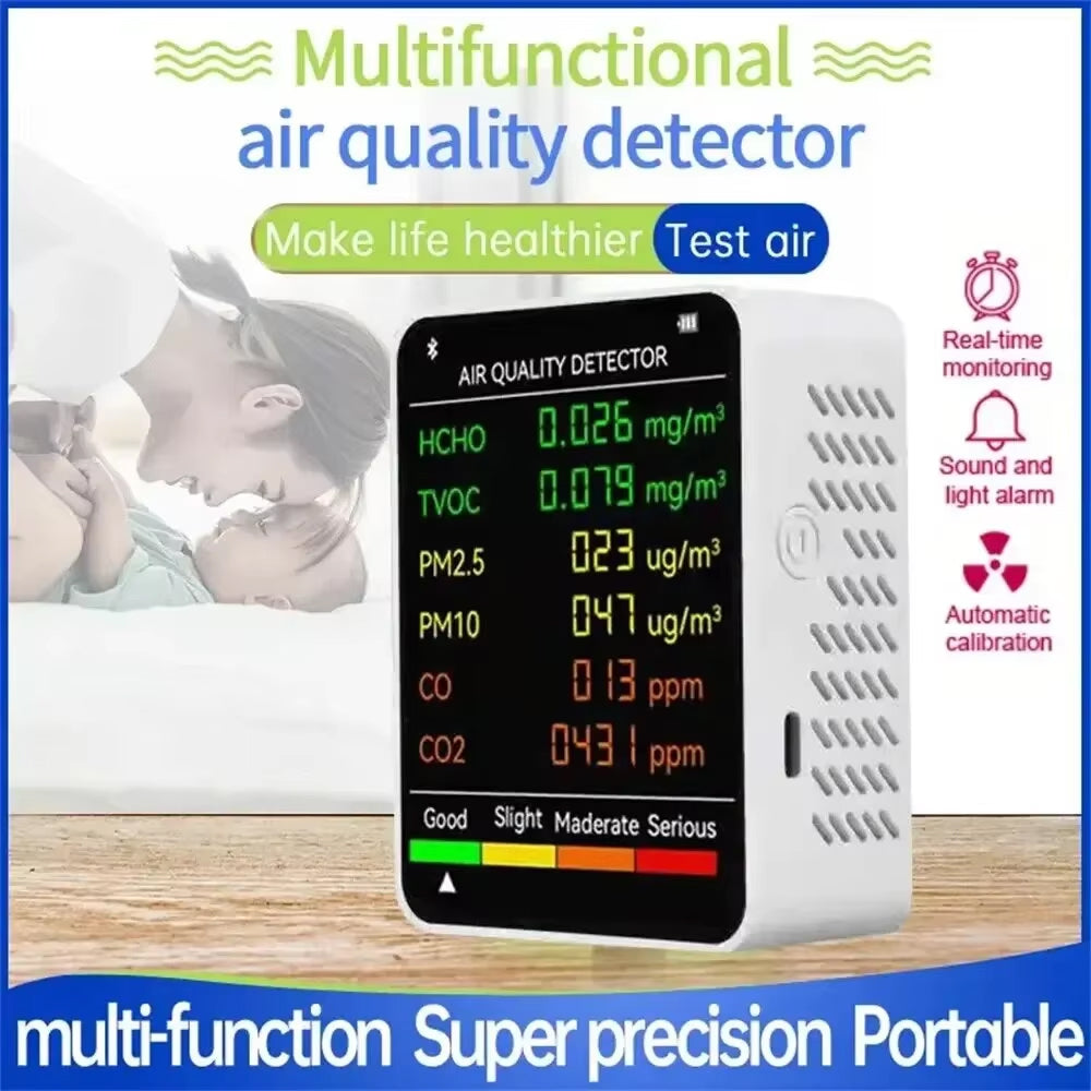 Moniteur de qualité de l’air 6-en-1, détecteur de CO2, humidité, température, PM2.5, PM10, TVOC avec fonction d’alarme | Sulvida