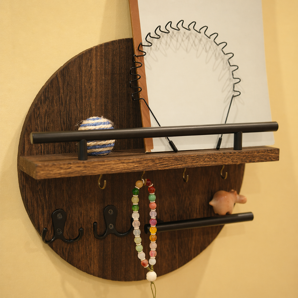 Wandhaak Hout Rond Ø30cm Metalen Haken Hal Entree Sleutelhouder Organiser Modern Minimalistisch Design | Sulvida